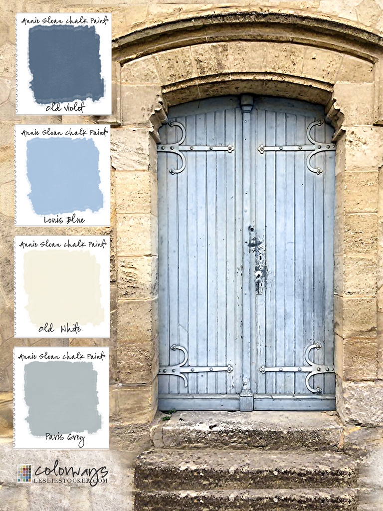 Door in Saint-Emilion, France inspires an Annie Sloan Chalk Paint® color palette. Old Violet, Louis Blue, Paris Grey, Old White. (photo courtesy John Darr) via Colorways