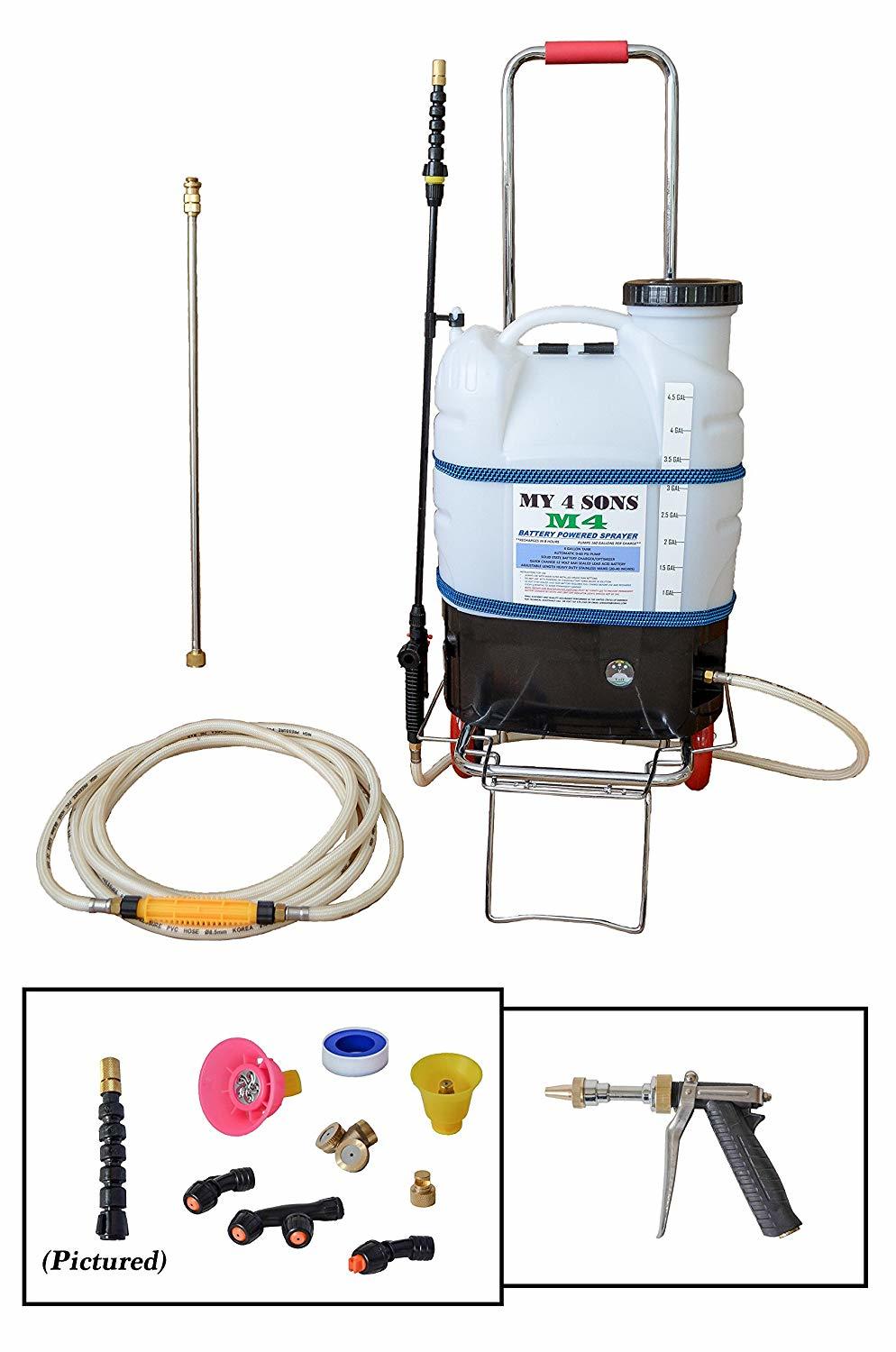 My 4 Sons 4-Gallon Battery Powered Backpack Sprayer With 0-60 PSI PRESSURE DIAL, ADJUSTABLE BRASS NOZZLE, AND 16-35 INCH STAINLESS HD WAND, CART and 15ft EXTENDED HOSE and SPRAY PISTOL